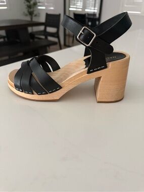 Swedish Hasbeens Black Leather Strappy Clog Sandals with Wood Heel